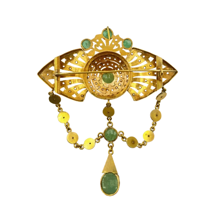 Broche Antique en Or 18K avec Émeraudes et Rosaces