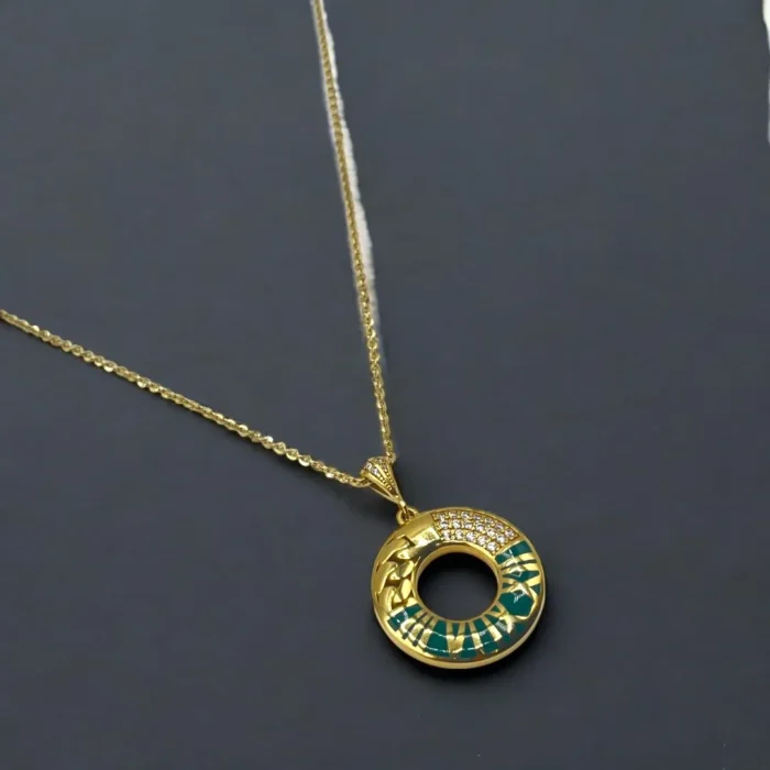 Chaîne Pendentif Rond Émaillé Vert en Or 18K